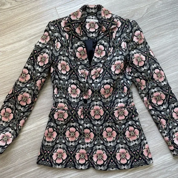 Alice + Olivia Macey Floral Print Blazer Sz 0 EUC Peach and Black - Picture 5 of 13